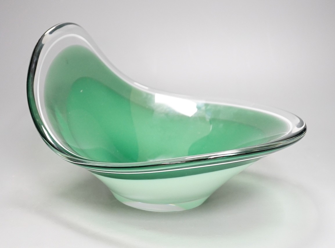 A Flygfors green and white cased glass bowl, signed, 30cm